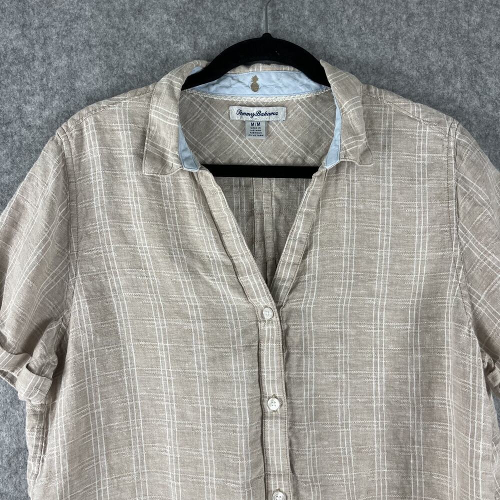 Tommy Bahama Linen Top Womens Medium Beige Plaid Short Sleeve Coastal Beachy - Picture 2 of 12